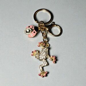 Mint Frog and Pink Ladybug Gold Tone Keychain